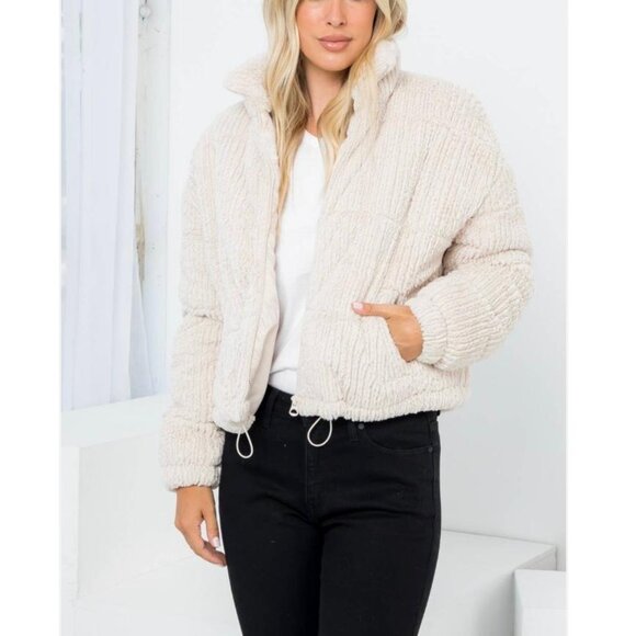 STOOSH by 26 International Women's Knit Textured Faux Fur Cord Puffer Jacket M - Picture 3 of 13